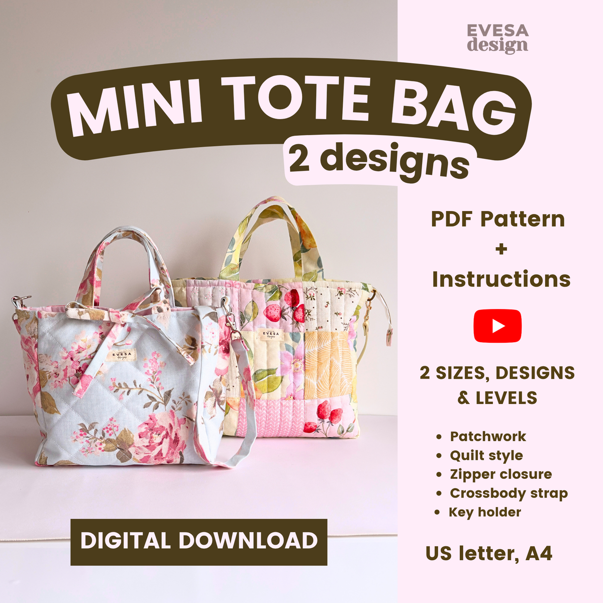 MINI Tote Bag PDF Pattern 2 sizes - Instant Download Pattern with Instructions