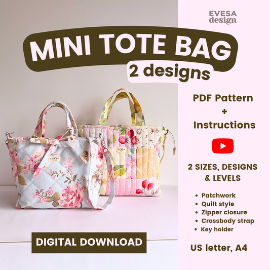 MINI Tote Bag PDF Pattern 2 sizes - Instant Download Pattern with Instructions